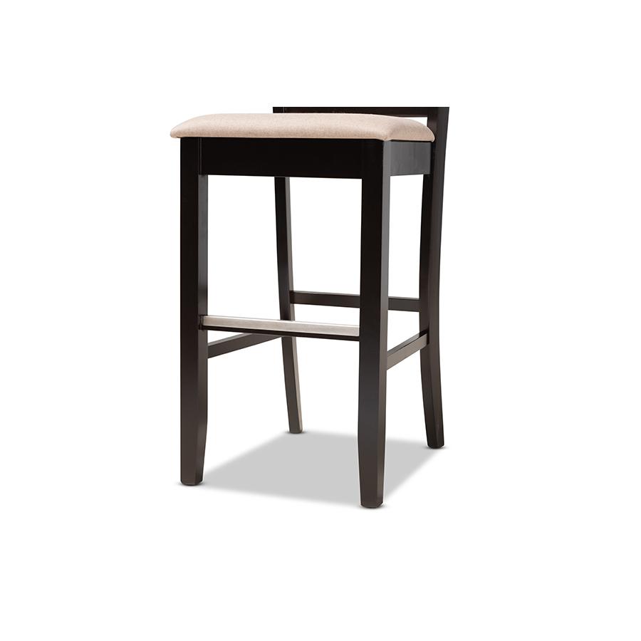 Sand Fabric Upholstered and Espresso Brown Finished Wood 2-Piece Bar Stool Set. Picture 6