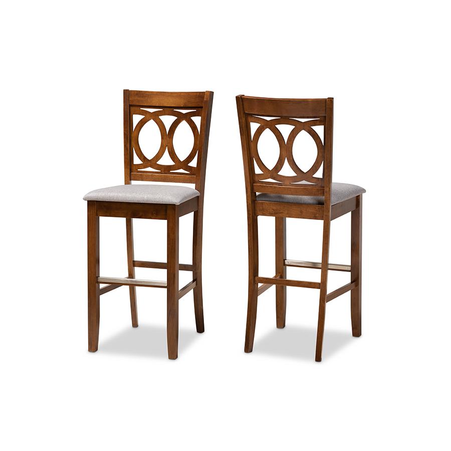 Grey Fabric Upholstered and Walnut Brown Finished Wood 2-Piece Bar Stool Set. Picture 1