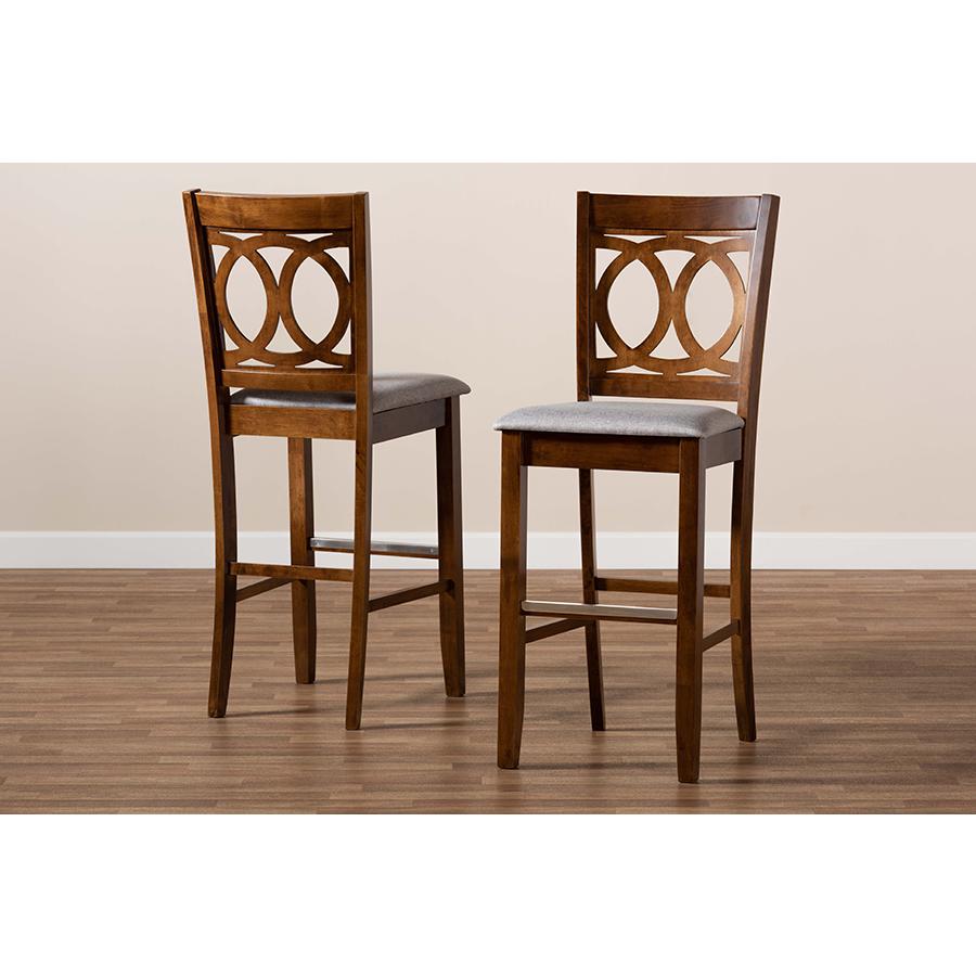 Grey Fabric Upholstered and Walnut Brown Finished Wood 2-Piece Bar Stool Set. Picture 8