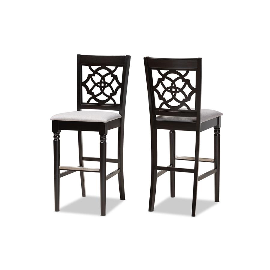 Grey Fabric Upholstered and Espresso Brown Finished Wood 2-Piece Bar Stool Set. Picture 1