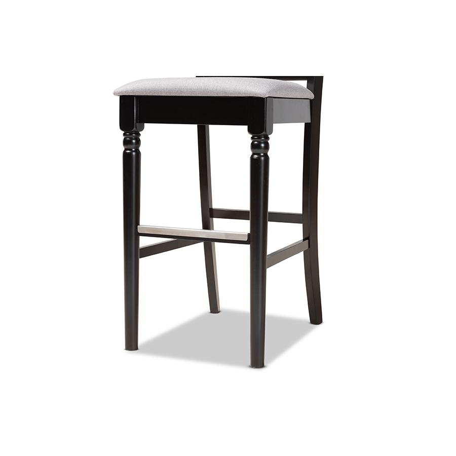 Grey Fabric Upholstered and Espresso Brown Finished Wood 2-Piece Bar Stool Set. Picture 6