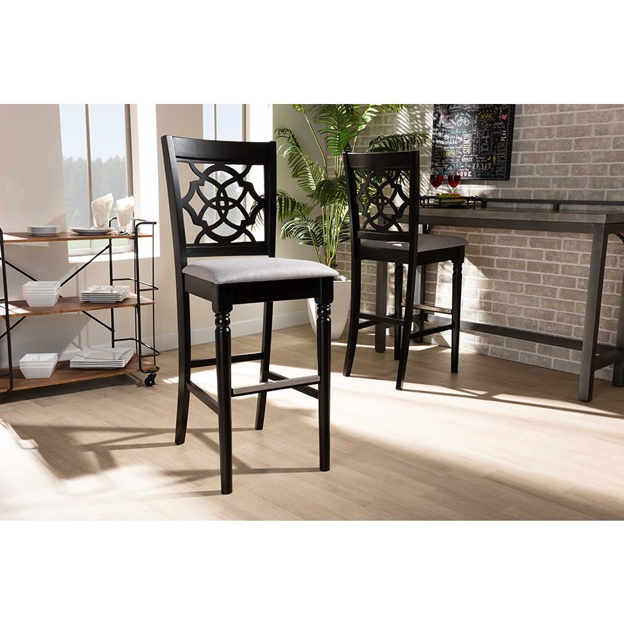 Grey Fabric Upholstered and Espresso Brown Finished Wood 2-Piece Bar Stool Set. Picture 7