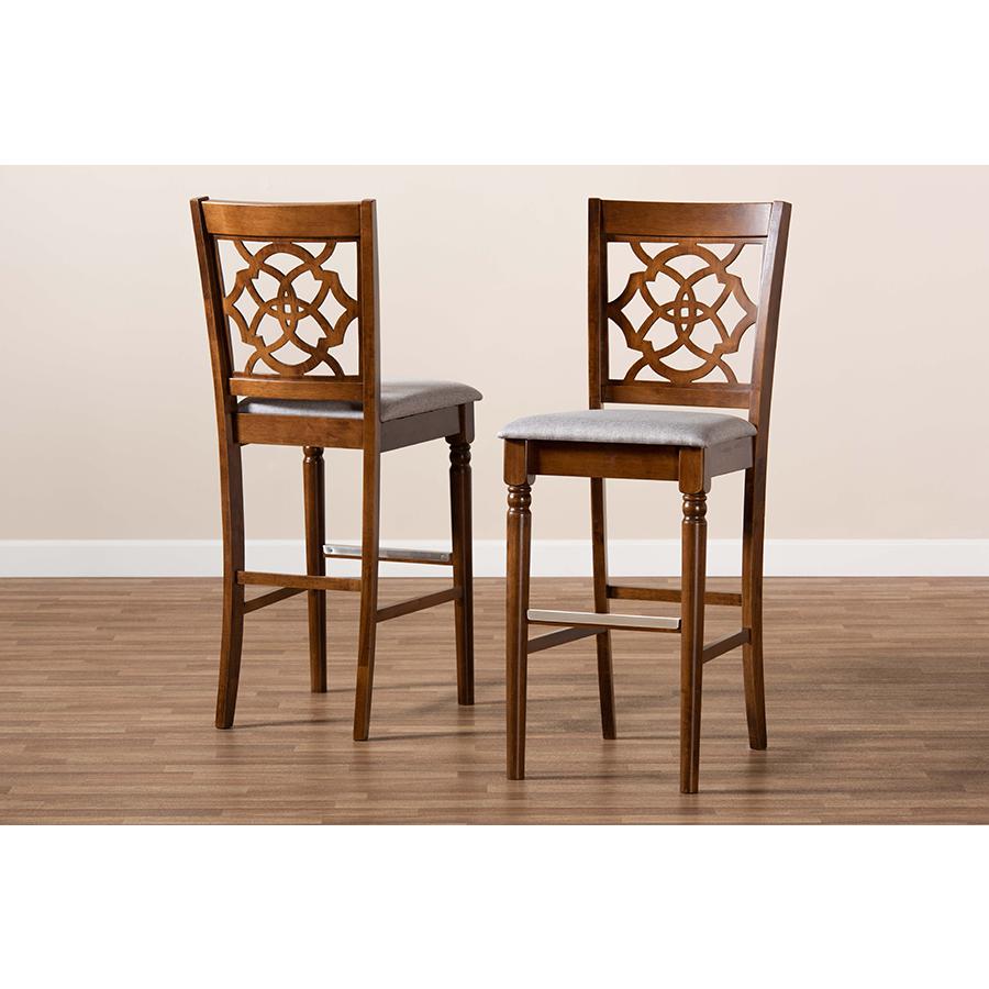 Grey Fabric Upholstered and Walnut Brown Finished Wood 2-Piece Bar Stool Set. Picture 8
