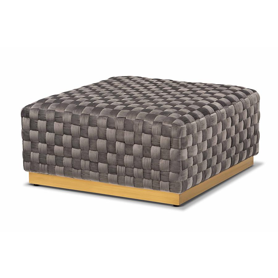 Luxe and Glam Grey Velvet Fabric Upholstered and Gold Finished Square Cocktail Ottoman. The main picture.