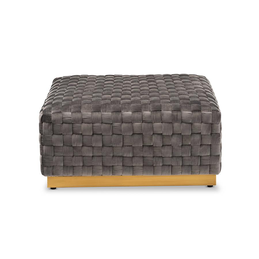 Luxe and Glam Grey Velvet Fabric Upholstered and Gold Finished Square Cocktail Ottoman. Picture 2