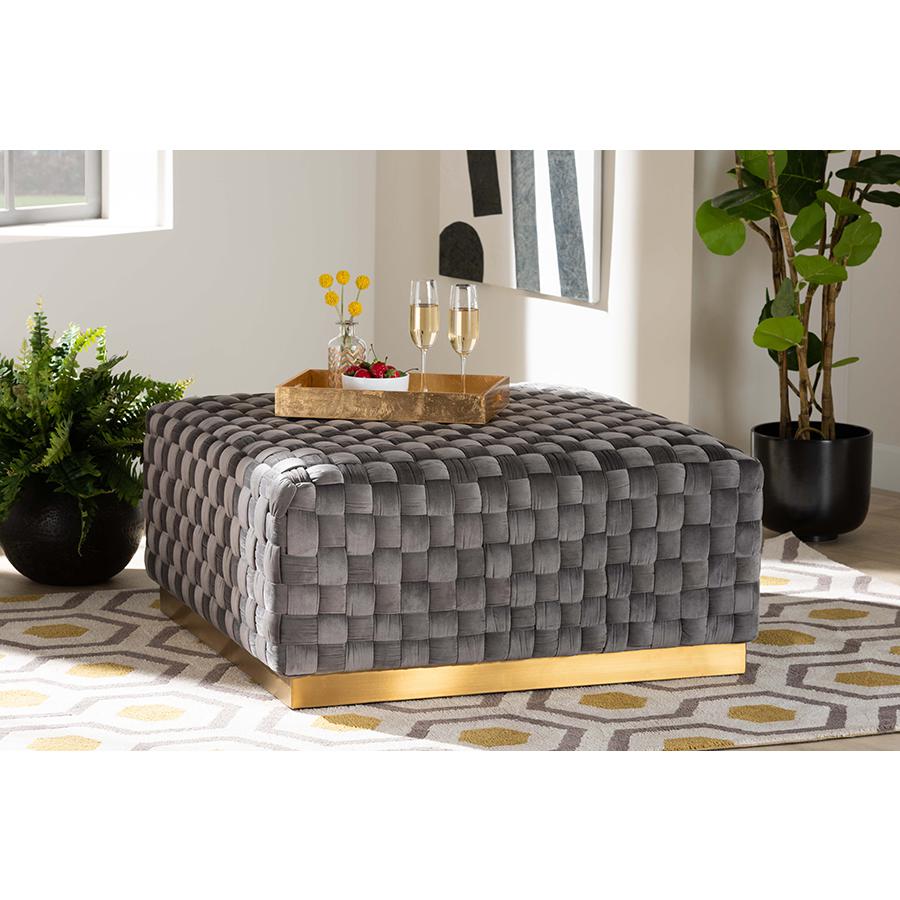 Luxe and Glam Grey Velvet Fabric Upholstered and Gold Finished Square Cocktail Ottoman. Picture 4