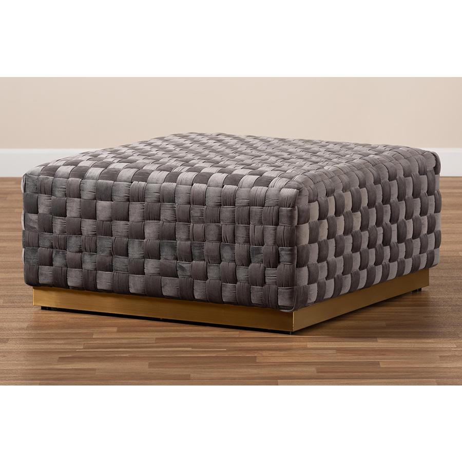Luxe and Glam Grey Velvet Fabric Upholstered and Gold Finished Square Cocktail Ottoman. Picture 5