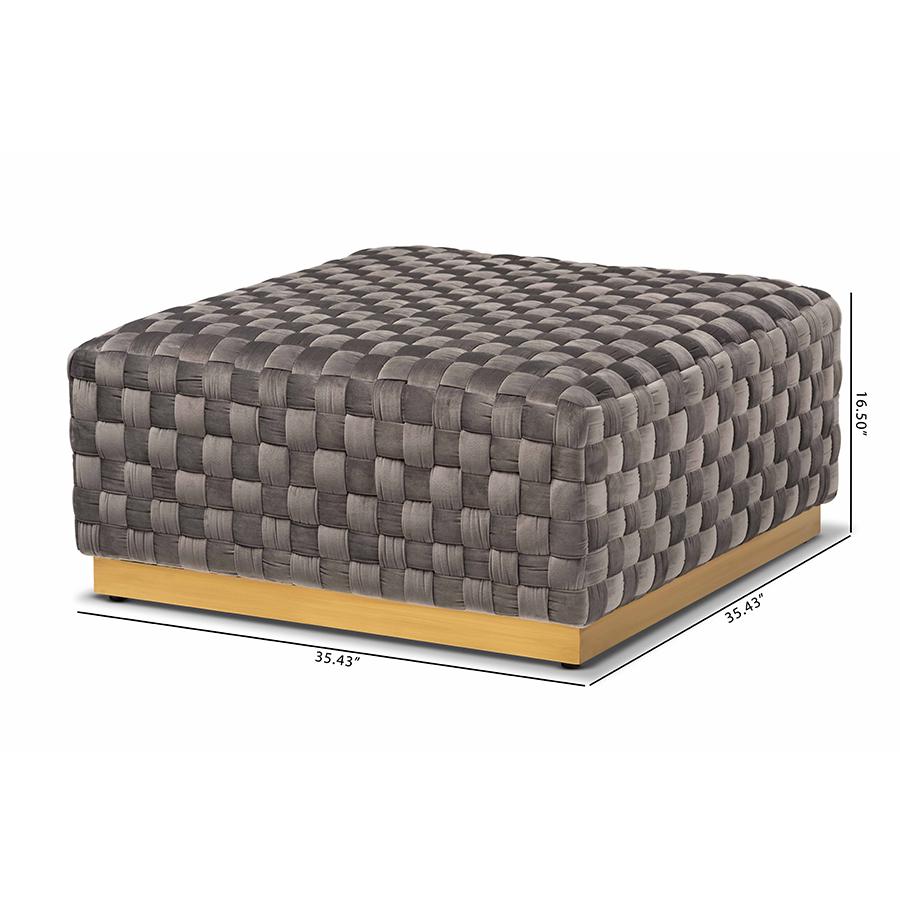 Luxe and Glam Grey Velvet Fabric Upholstered and Gold Finished Square Cocktail Ottoman. Picture 6