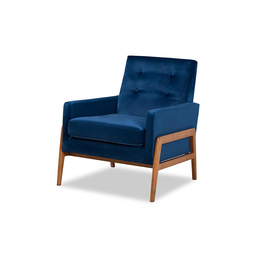 Navy Blue Velvet Fabric Upholstered and Walnut Brown Finished Wood Lounge Chair. Picture 1