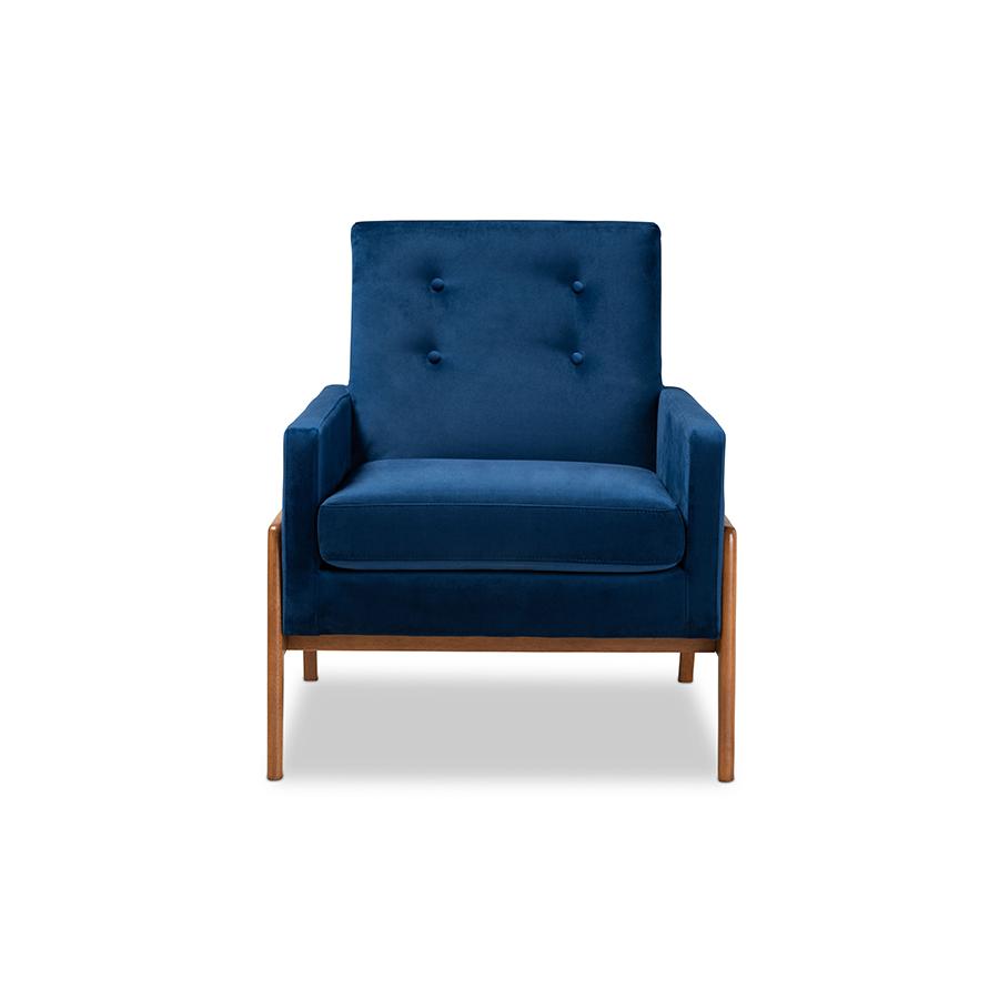 Navy Blue Velvet Fabric Upholstered and Walnut Brown Finished Wood Lounge Chair. Picture 2