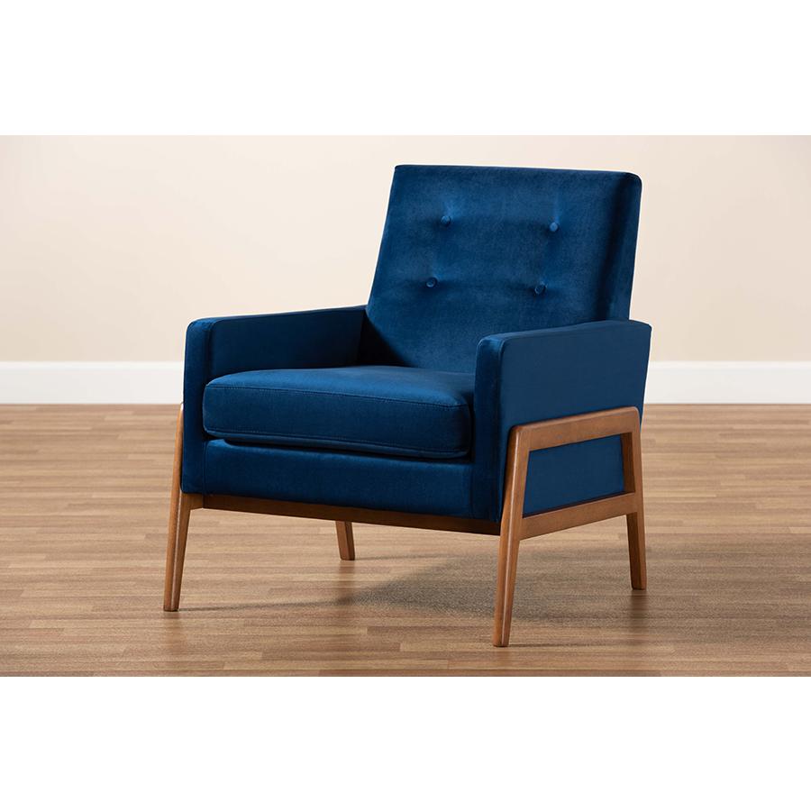 Navy Blue Velvet Fabric Upholstered and Walnut Brown Finished Wood Lounge Chair. Picture 8
