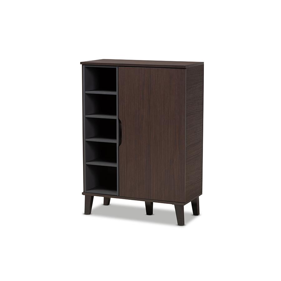 Two-Tone Dark Brown and Grey Finished Wood 1-Door Shoe Cabinet. Picture 1
