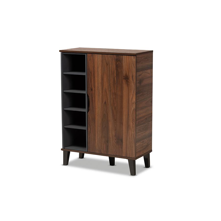 Two-Tone Walnut Brown and Grey Finished Wood 1-Door Shoe Cabinet. Picture 1