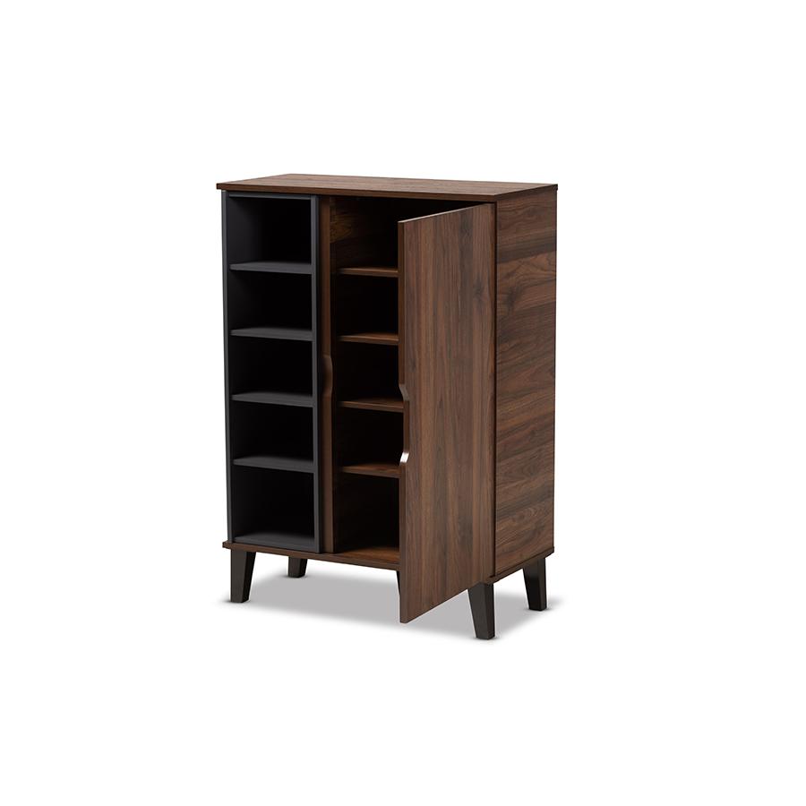Two-Tone Walnut Brown and Grey Finished Wood 1-Door Shoe Cabinet. Picture 2