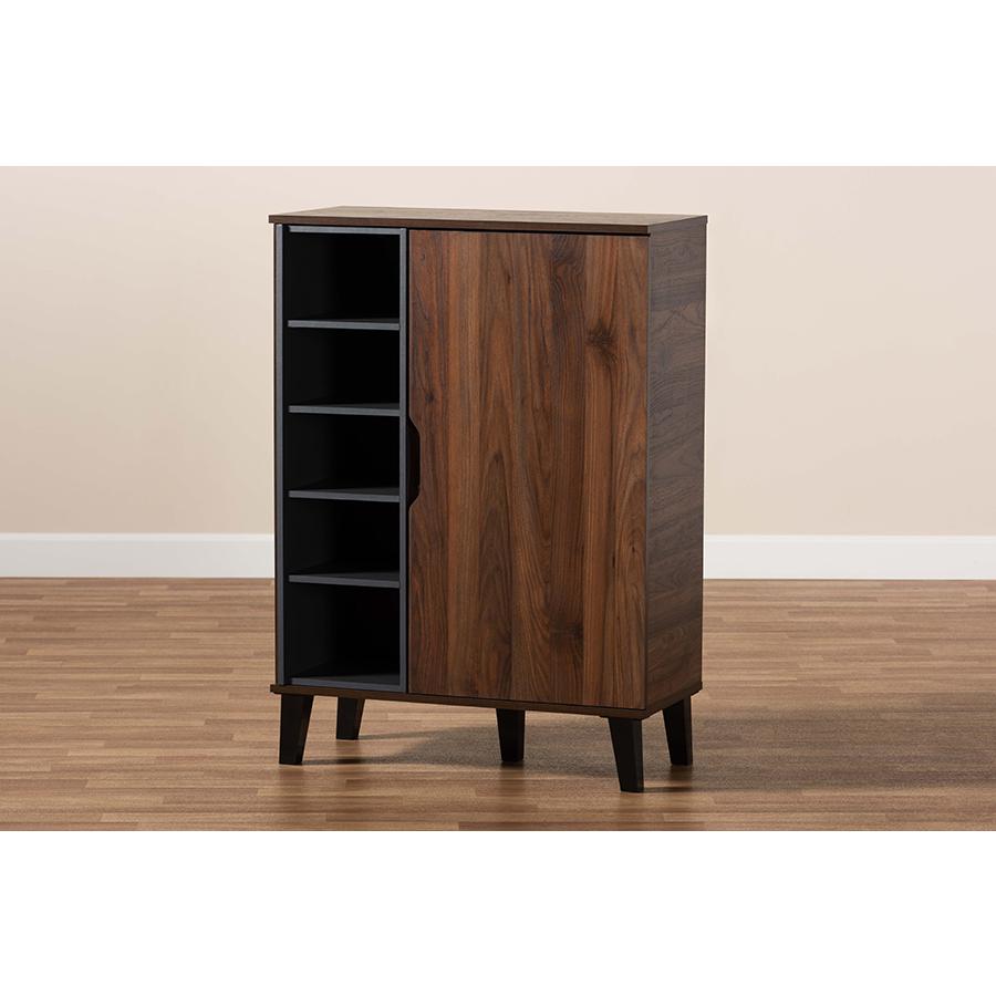 Two-Tone Walnut Brown and Grey Finished Wood 1-Door Shoe Cabinet. Picture 9