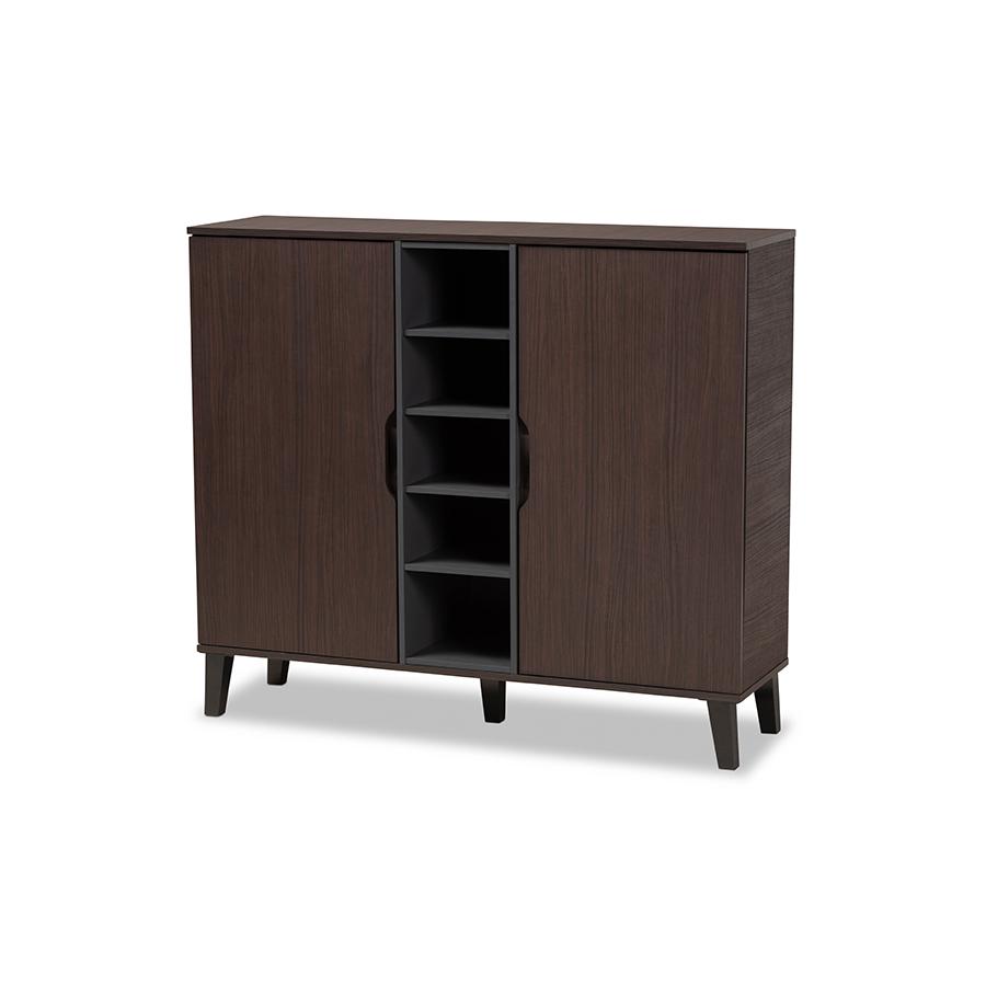 Two-Tone Dark Brown and Grey Finished Wood 2-Door Shoe Cabinet. Picture 1