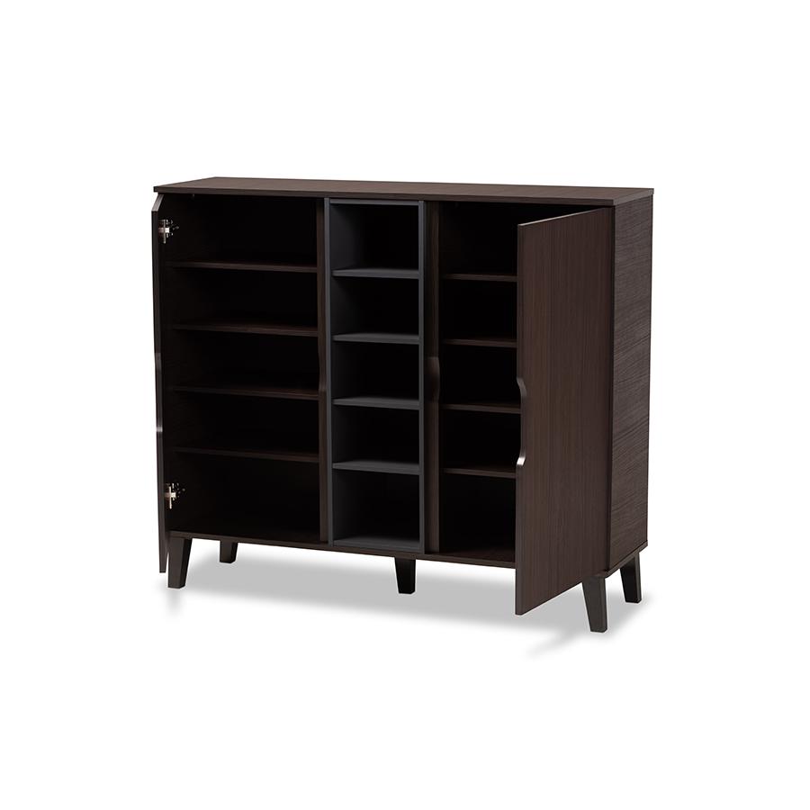 Two-Tone Dark Brown and Grey Finished Wood 2-Door Shoe Cabinet. Picture 2