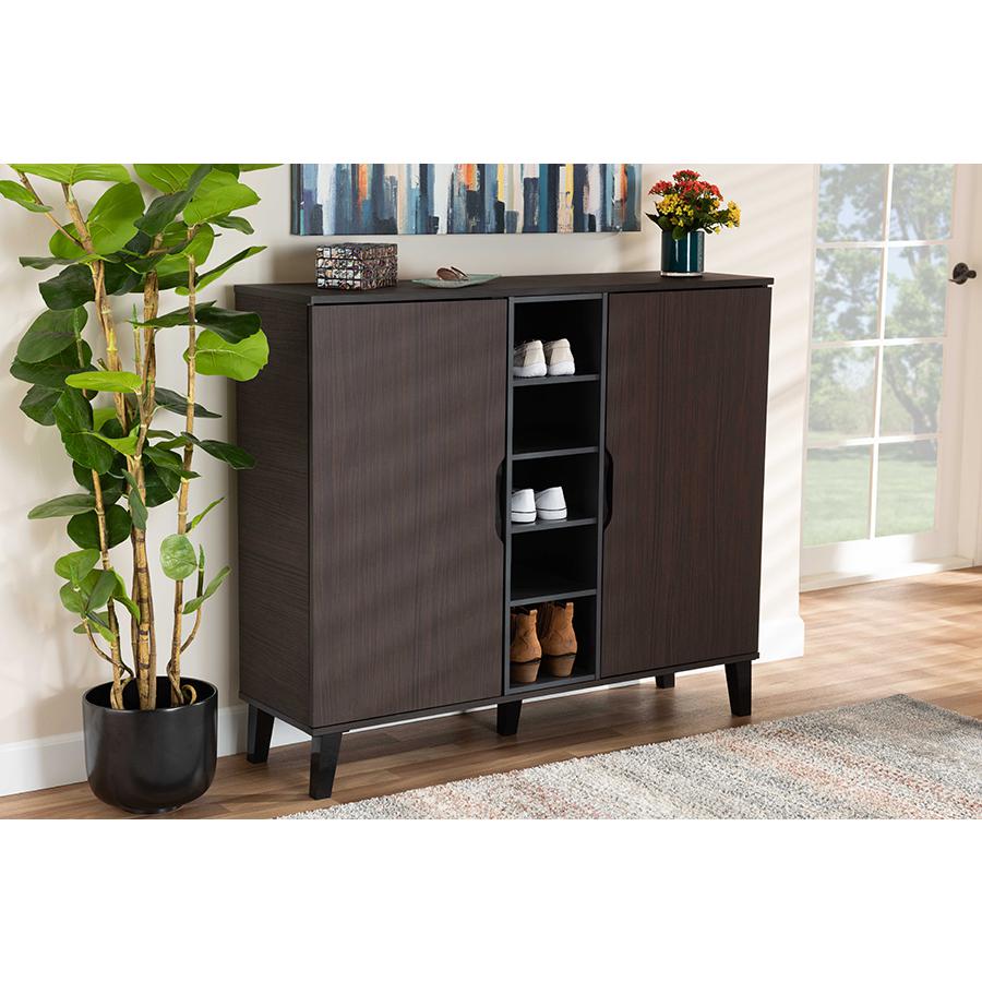 Two-Tone Dark Brown and Grey Finished Wood 2-Door Shoe Cabinet. Picture 7