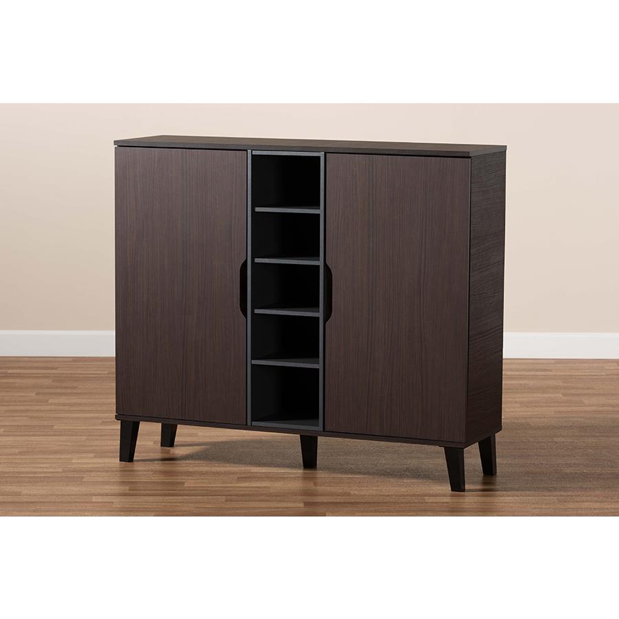 Two-Tone Dark Brown and Grey Finished Wood 2-Door Shoe Cabinet. Picture 9