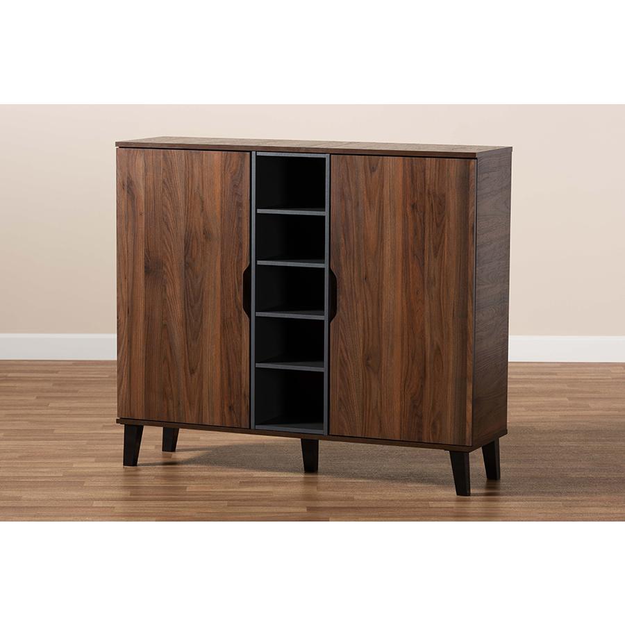 Two-Tone Walnut Brown and Grey Finished Wood 2-Door Shoe Cabinet. Picture 9