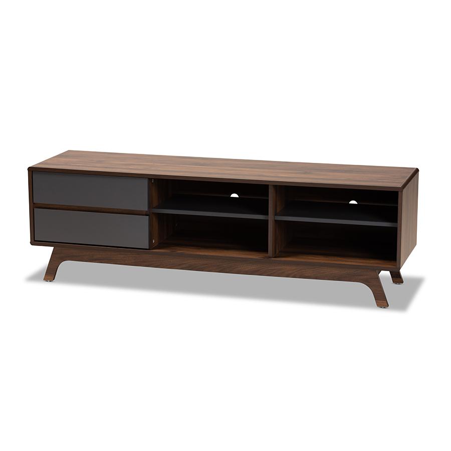 Koji Mid-Century Modern Two-Tone Grey and Walnut Finished Wood 2-Drawer TV Stand. Picture 1