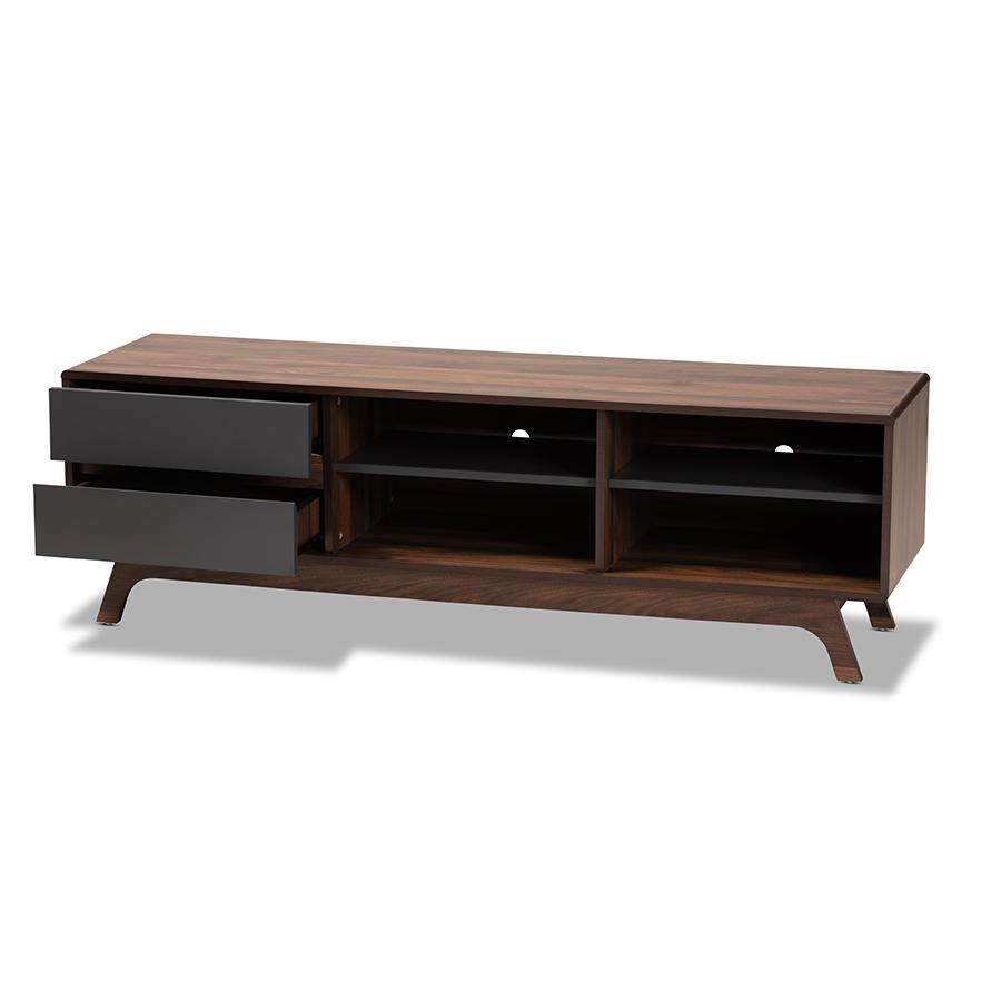 Koji Mid-Century Modern Two-Tone Grey and Walnut Finished Wood 2-Drawer TV Stand. Picture 2