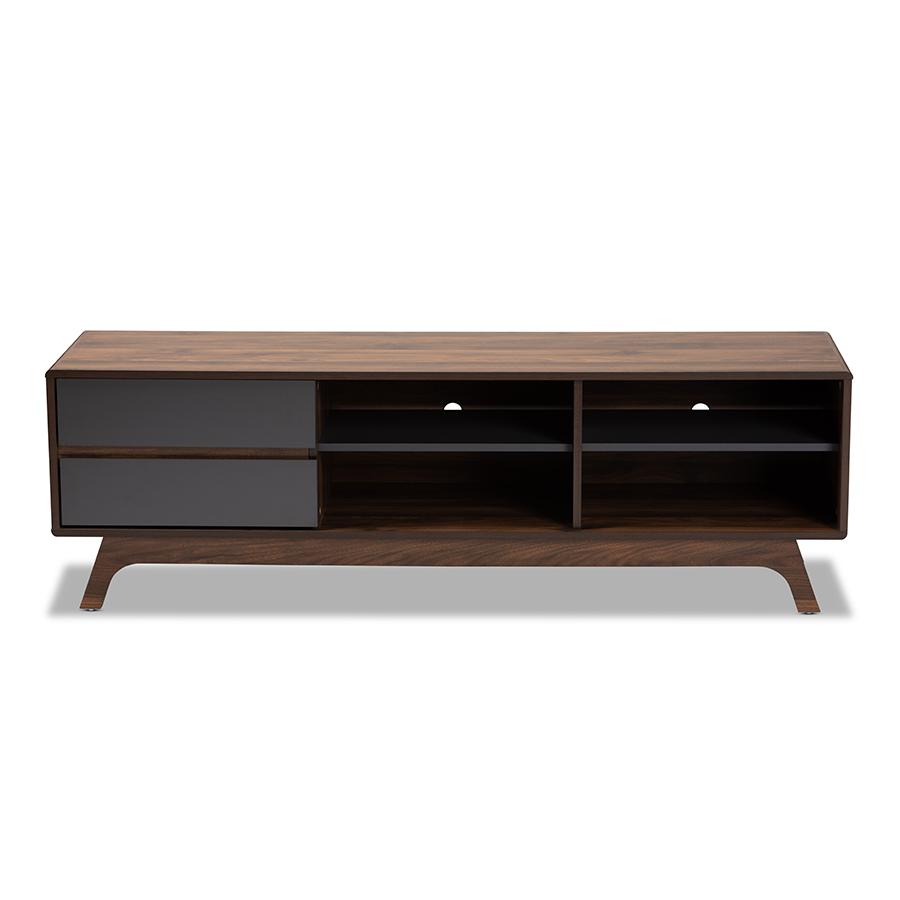 Koji Mid-Century Modern Two-Tone Grey and Walnut Finished Wood 2-Drawer TV Stand. Picture 3