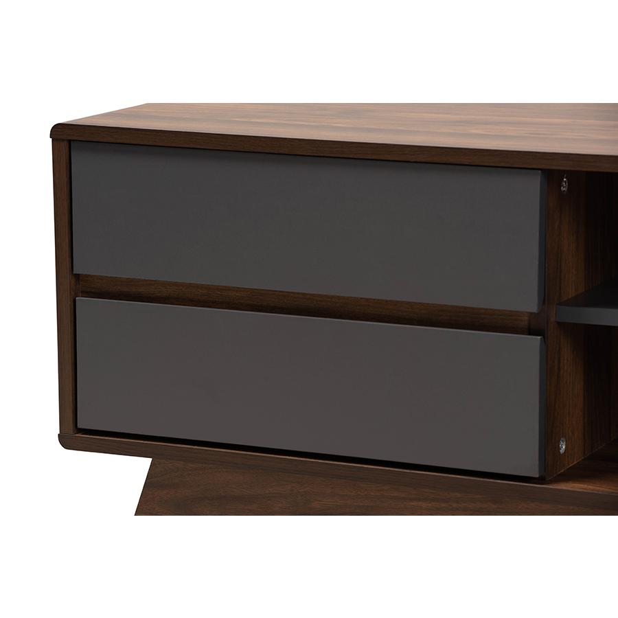 Koji Mid-Century Modern Two-Tone Grey and Walnut Finished Wood 2-Drawer TV Stand. Picture 5