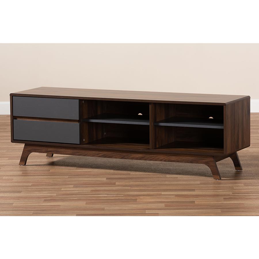 Koji Mid-Century Modern Two-Tone Grey and Walnut Finished Wood 2-Drawer TV Stand. Picture 8