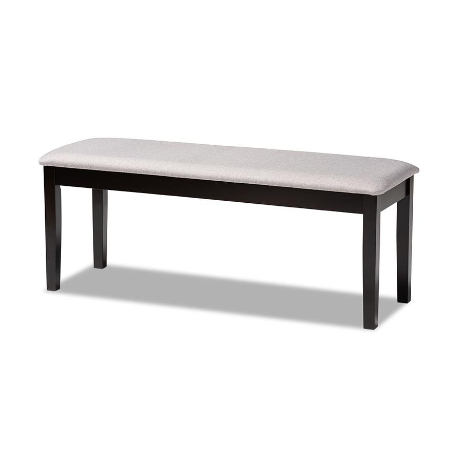 Transitional Grey Fabric Upholstered and Dark Brown Finished Wood Dining Bench. Picture 1