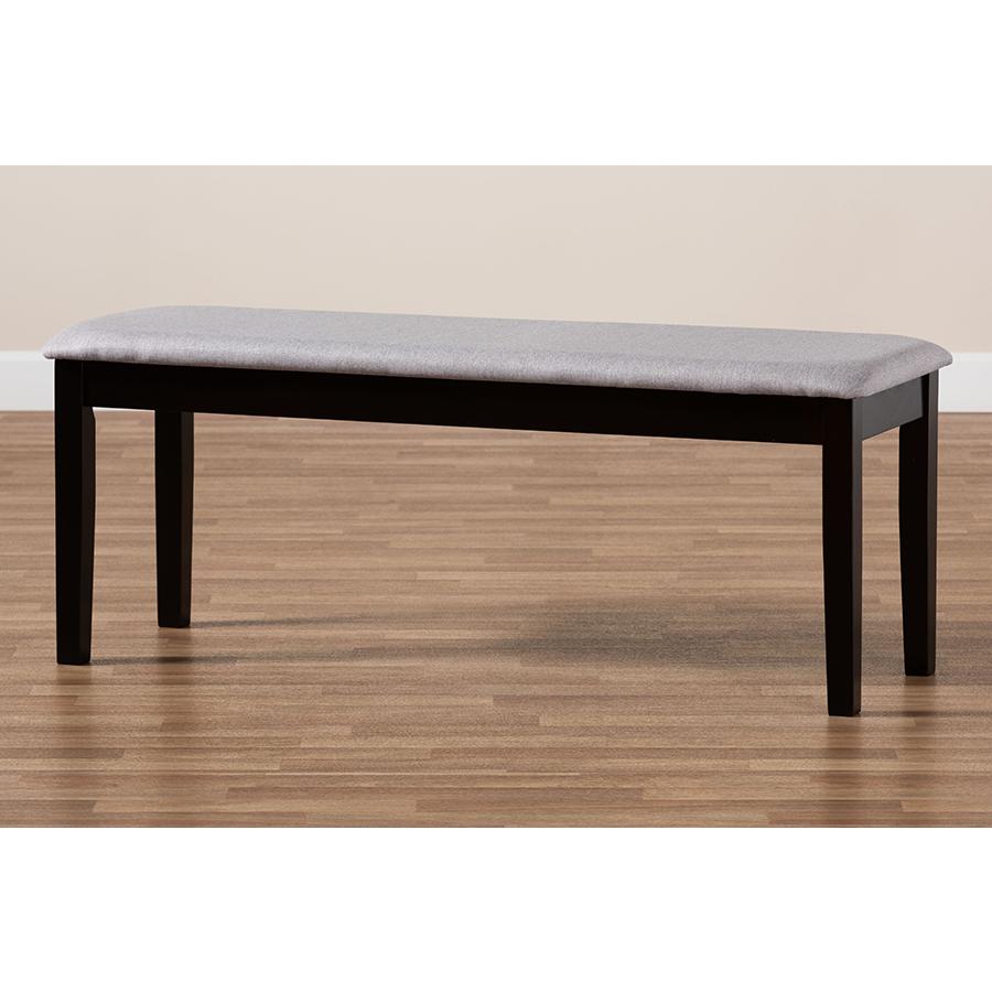 Transitional Grey Fabric Upholstered and Dark Brown Finished Wood Dining Bench. Picture 6