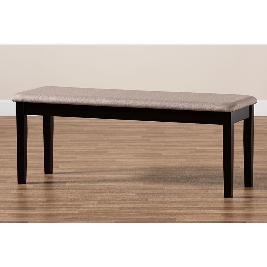 Transitional Sand Fabric Upholstered and Dark Brown Finished Wood Dining Bench. Picture 6