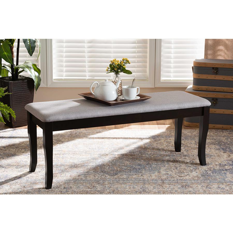 Transitional Grey Fabric Upholstered and Dark Brown Finished Wood Dining Bench. Picture 5
