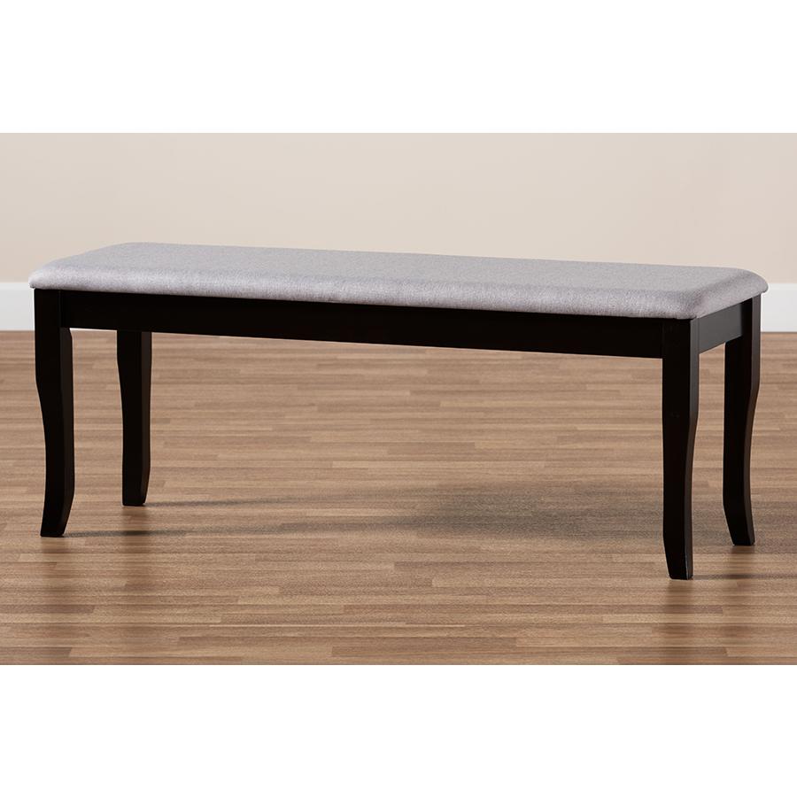 Transitional Grey Fabric Upholstered and Dark Brown Finished Wood Dining Bench. Picture 6