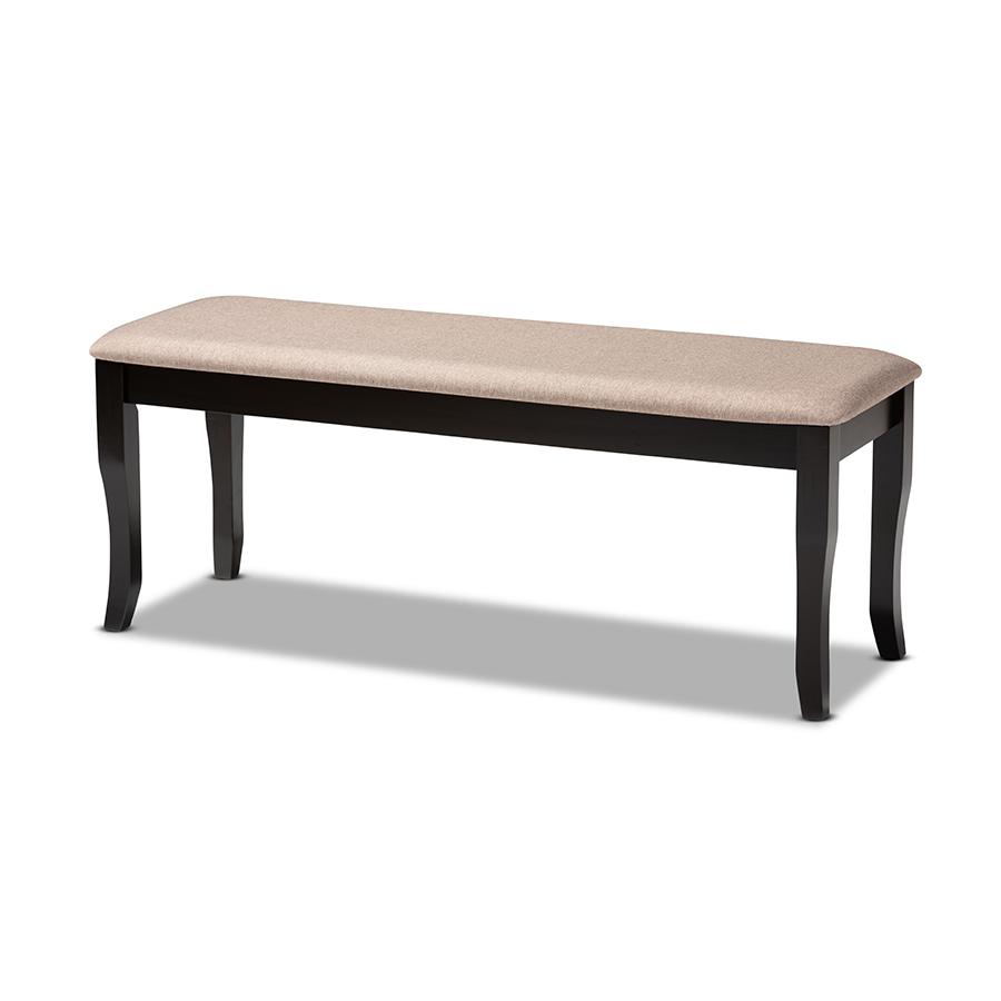 Modern and Contemporary Transitional Sand Fabric Upholstered and Dark Brown Finished Wood Dining Bench. The main picture.