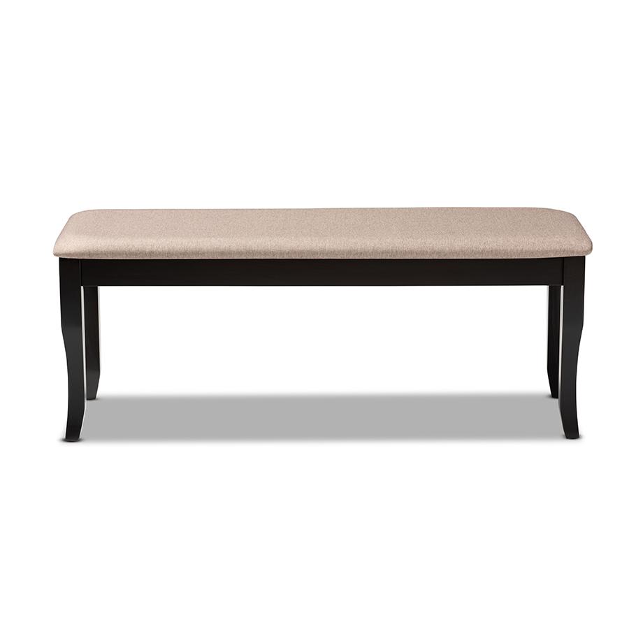 Modern and Contemporary Transitional Sand Fabric Upholstered and Dark Brown Finished Wood Dining Bench. Picture 2