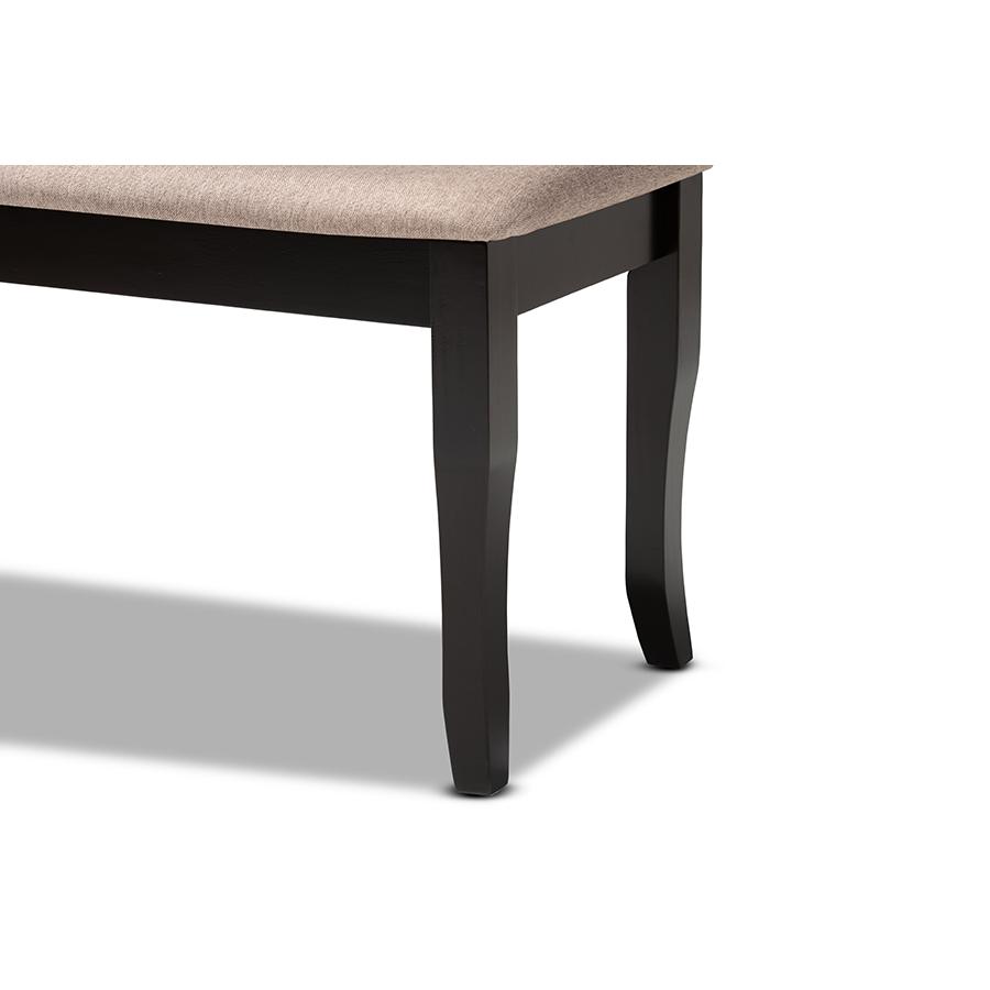 Modern and Contemporary Transitional Sand Fabric Upholstered and Dark Brown Finished Wood Dining Bench. Picture 4