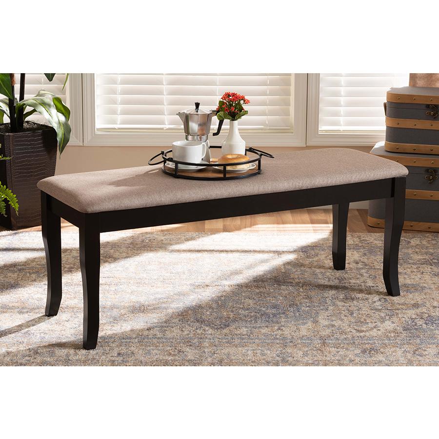 Modern and Contemporary Transitional Sand Fabric Upholstered and Dark Brown Finished Wood Dining Bench. Picture 5