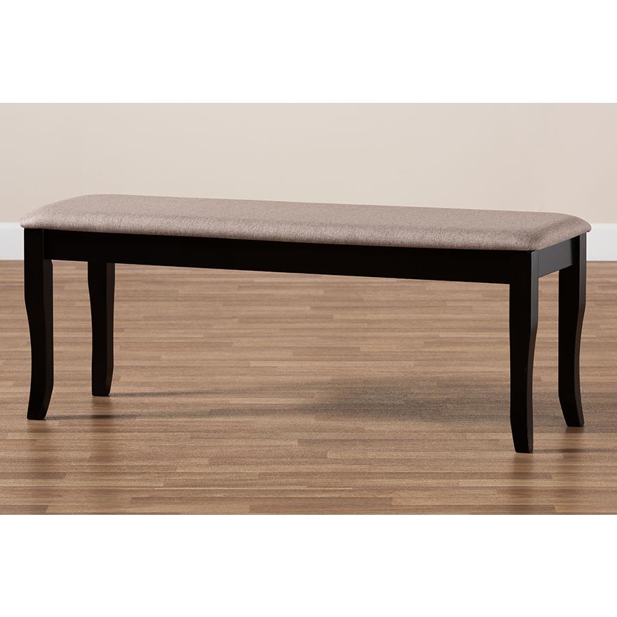 Modern and Contemporary Transitional Sand Fabric Upholstered and Dark Brown Finished Wood Dining Bench. Picture 6
