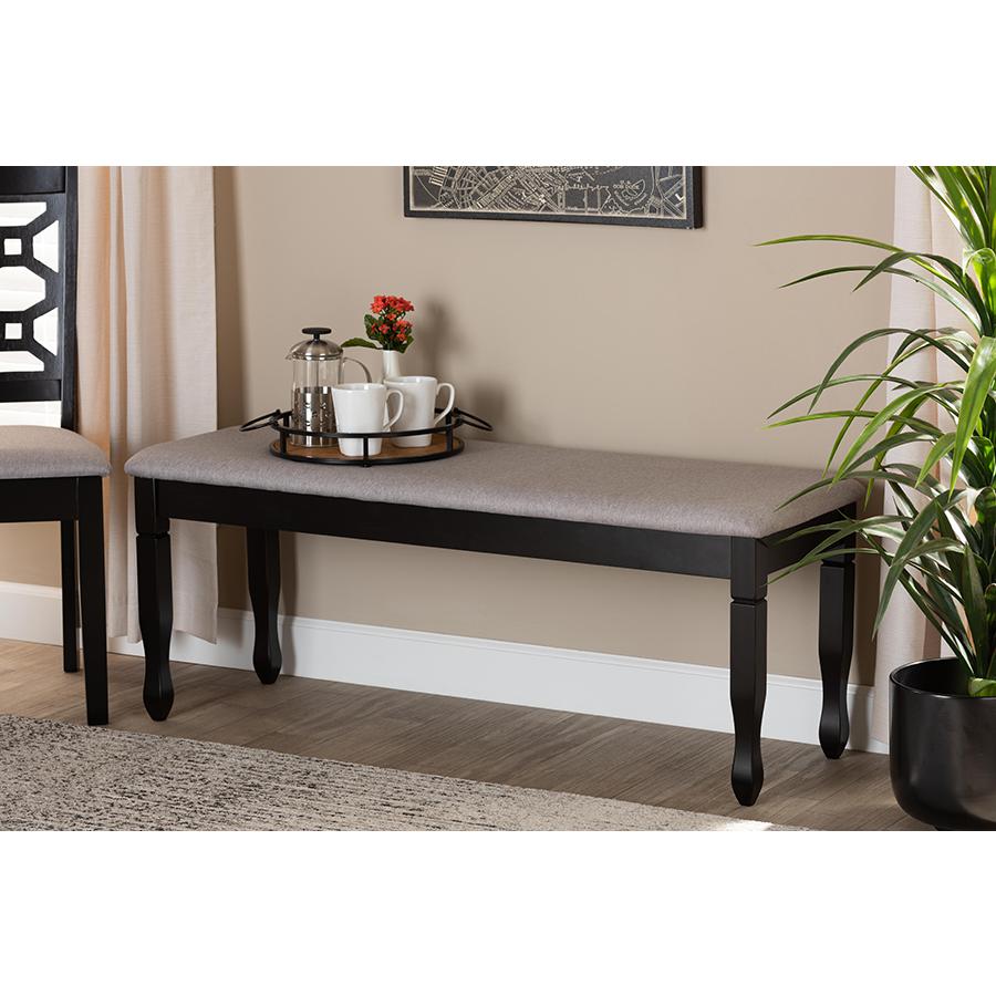 Grey Fabric Upholstered and Dark Brown Finished Wood Dining Bench. Picture 5