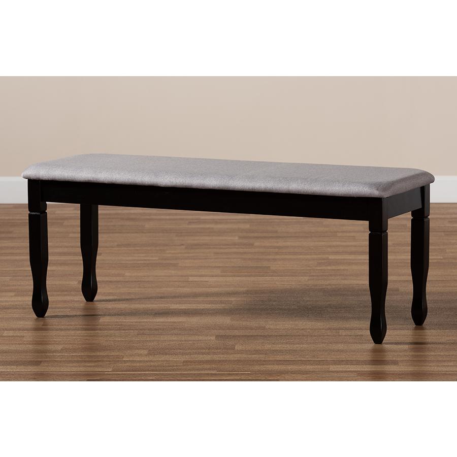 Grey Fabric Upholstered and Dark Brown Finished Wood Dining Bench. Picture 6