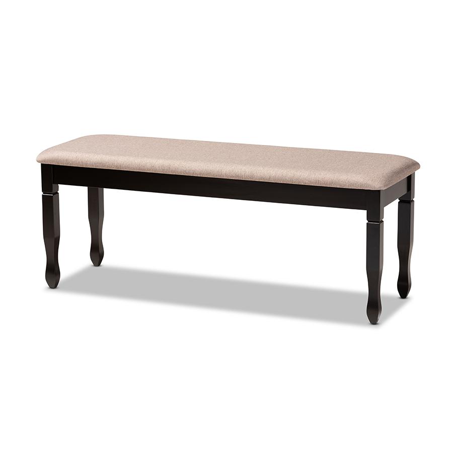 Sand Fabric Upholstered and Dark Brown Finished Wood Dining Bench. Picture 1