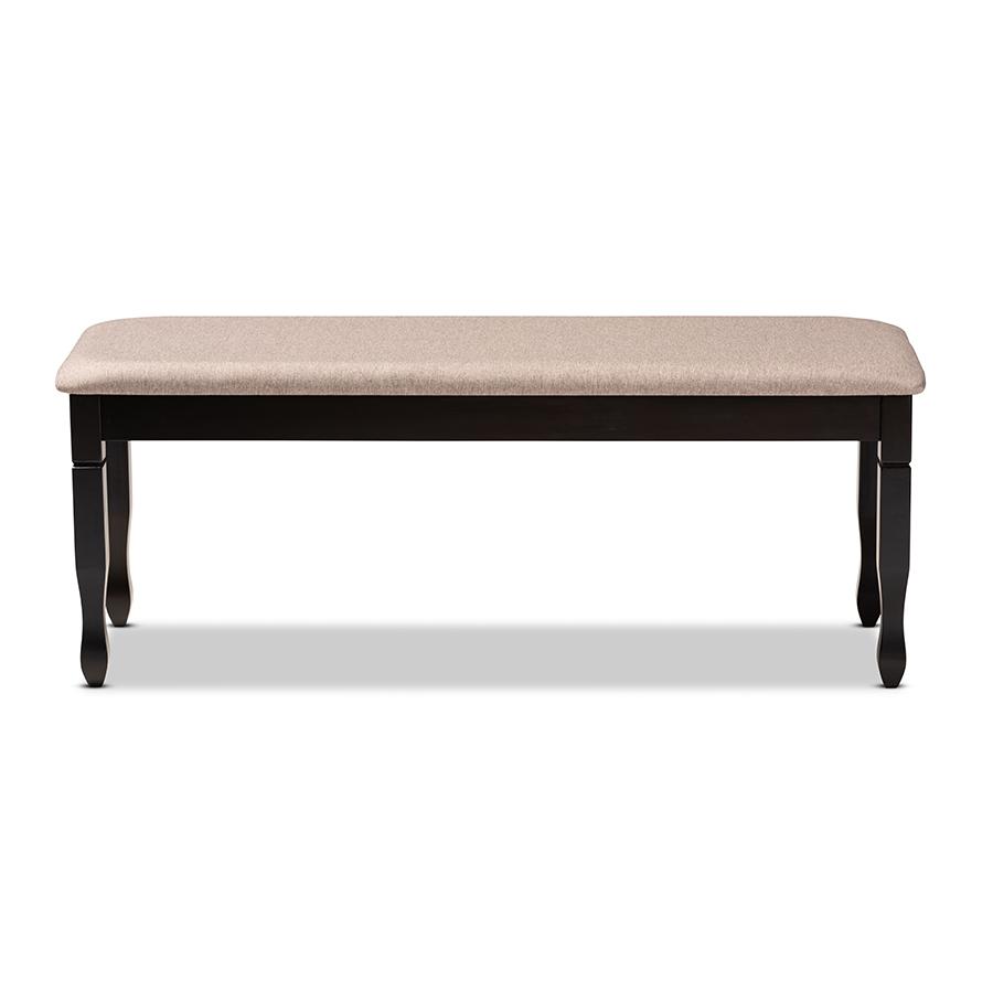 Sand Fabric Upholstered and Dark Brown Finished Wood Dining Bench. Picture 2