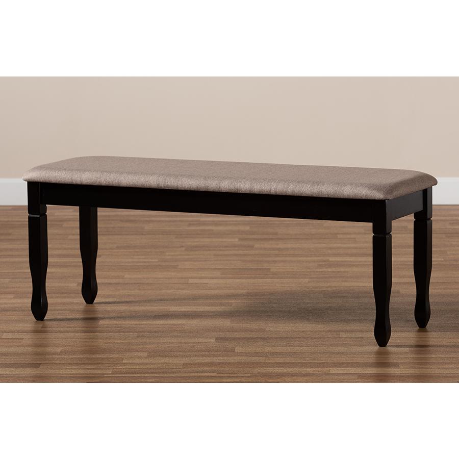 Sand Fabric Upholstered and Dark Brown Finished Wood Dining Bench. Picture 6