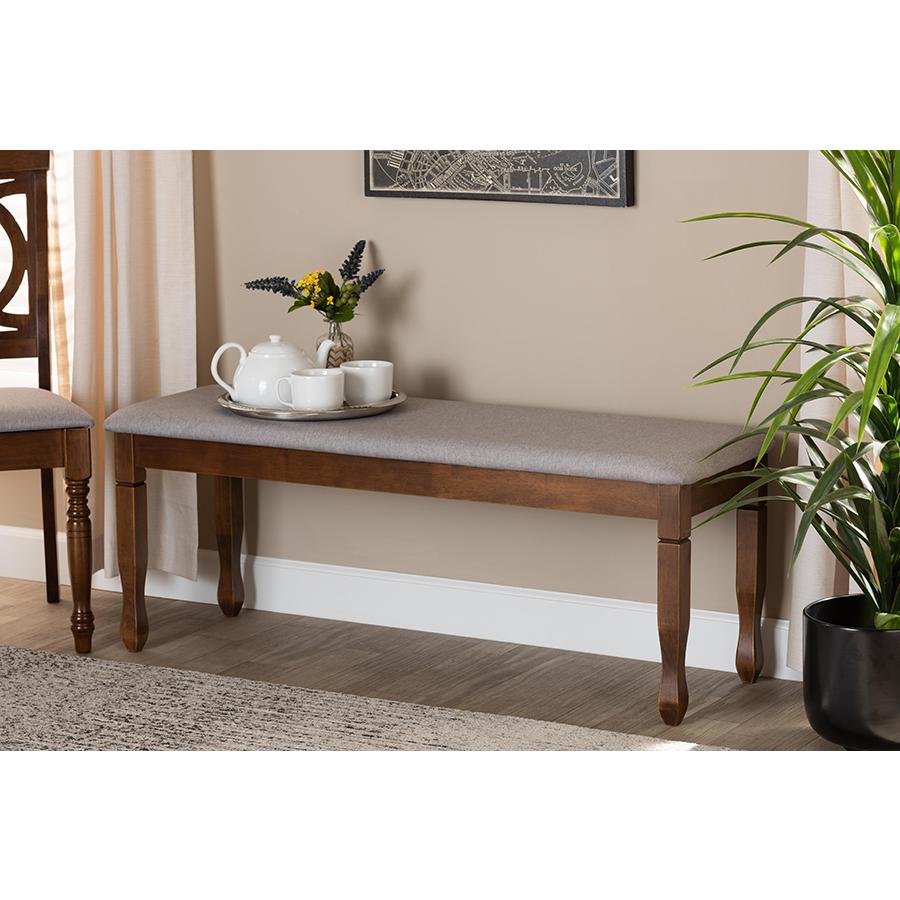 Grey Fabric Upholstered and Walnut Brown Finished Wood Dining Bench. Picture 5