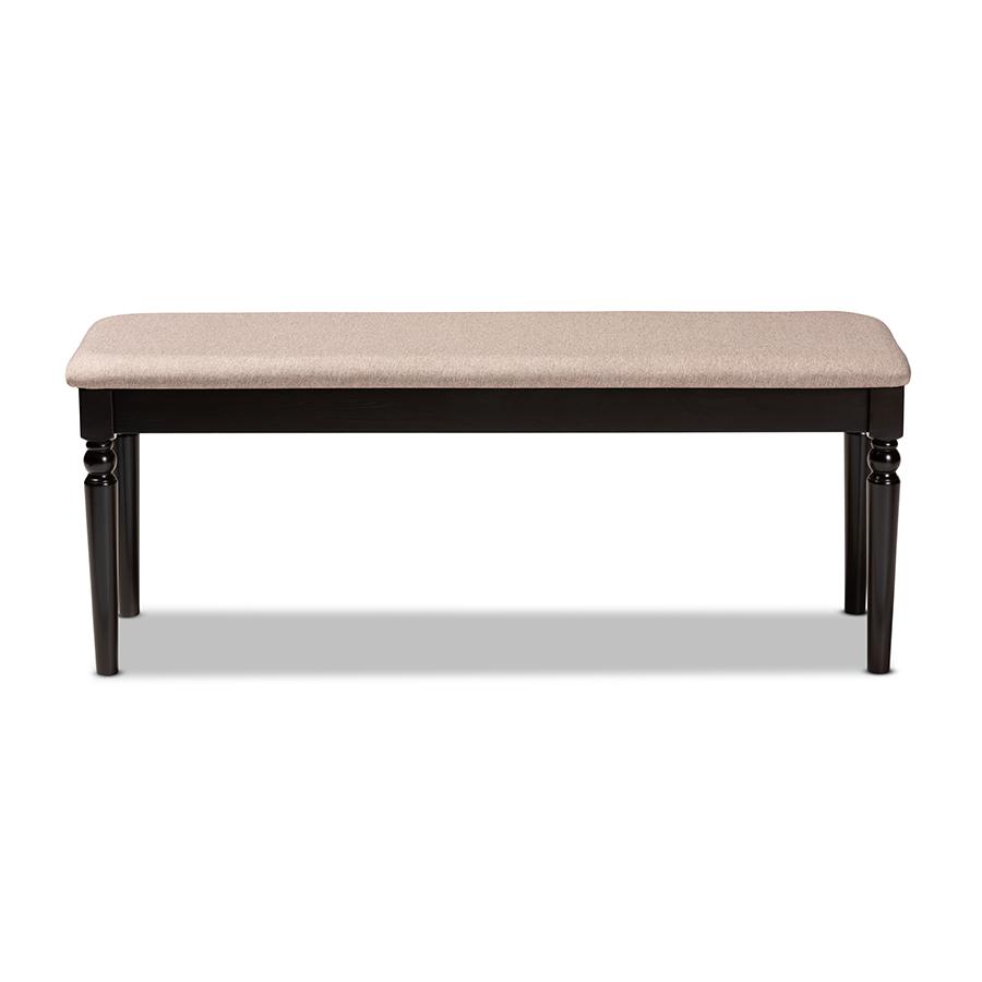 Sand Fabric Upholstered and Dark Brown Finished Wood Dining Bench. Picture 2