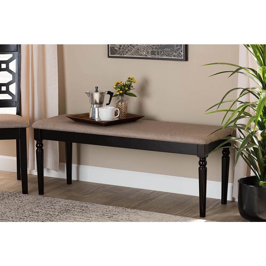 Sand Fabric Upholstered and Dark Brown Finished Wood Dining Bench. Picture 5