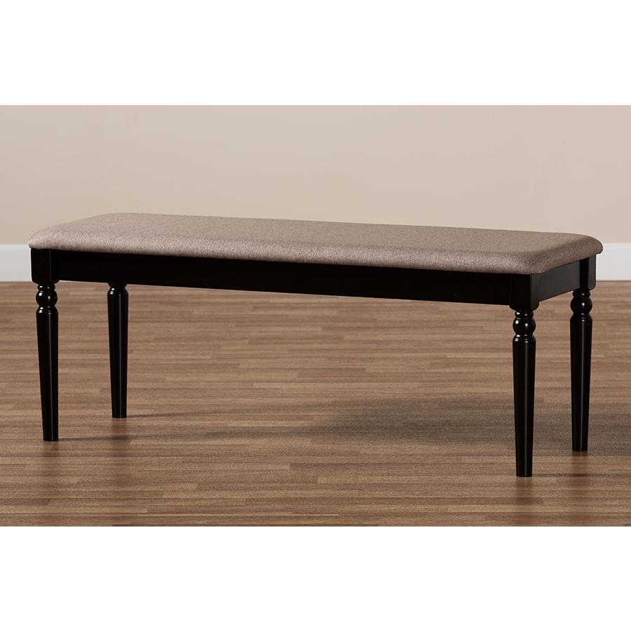 Sand Fabric Upholstered and Dark Brown Finished Wood Dining Bench. Picture 6