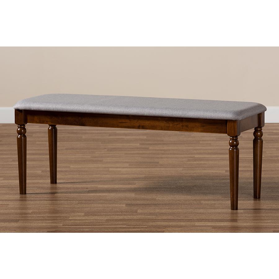 Grey Fabric Upholstered and Walnut Brown Finished Wood Dining Bench. Picture 6