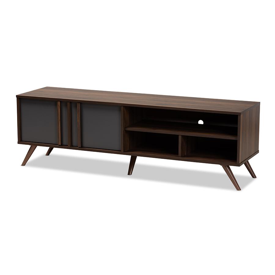 Two-Tone Grey and Walnut Finished Wood 2-Door TV Stand. Picture 1